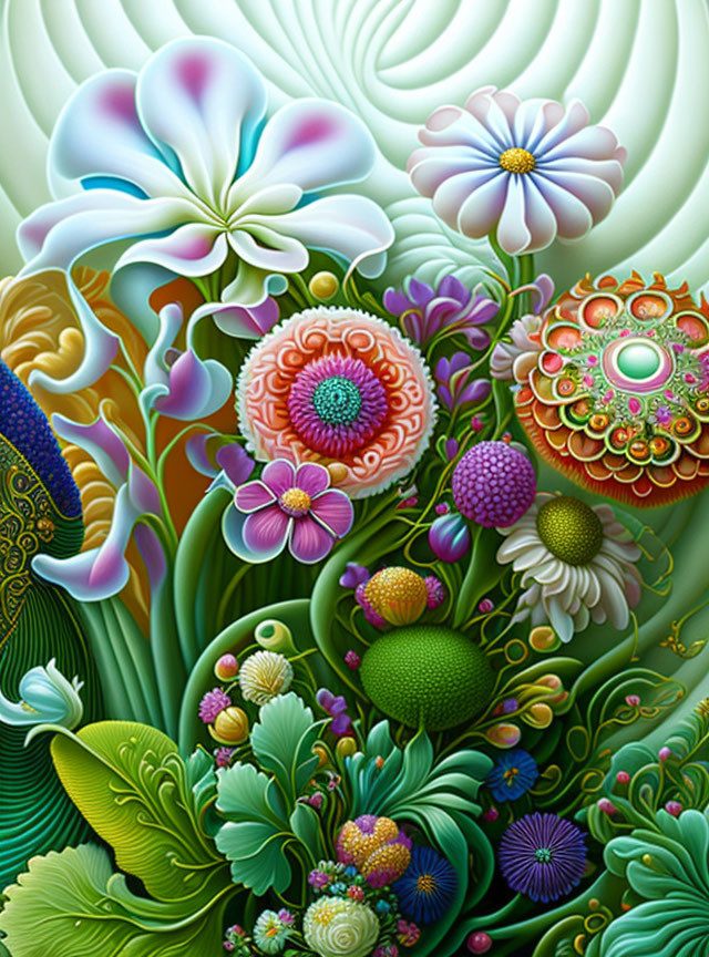Colorful digital artwork: Vibrant flowers and plants with intricate patterns