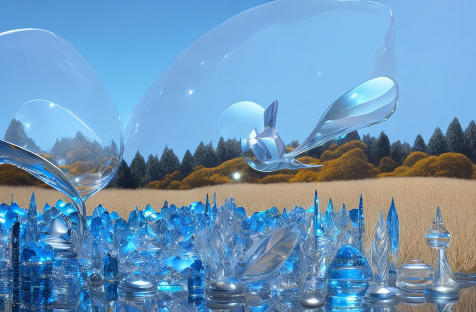 Surreal landscape with crystal-like structures under blue sky