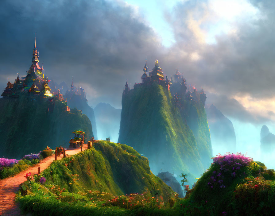 Mystical castle on verdant cliffs in warm light