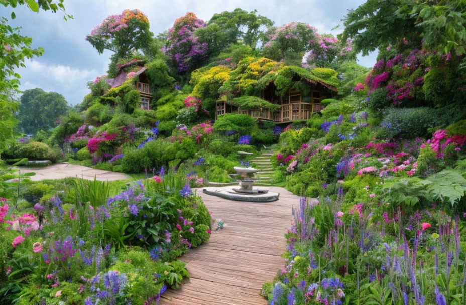 Scenic garden path with cottage, flowers, and fountain