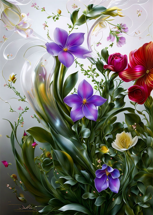 Colorful digital artwork: Purple flowers with red and yellow hues on whimsical backdrop