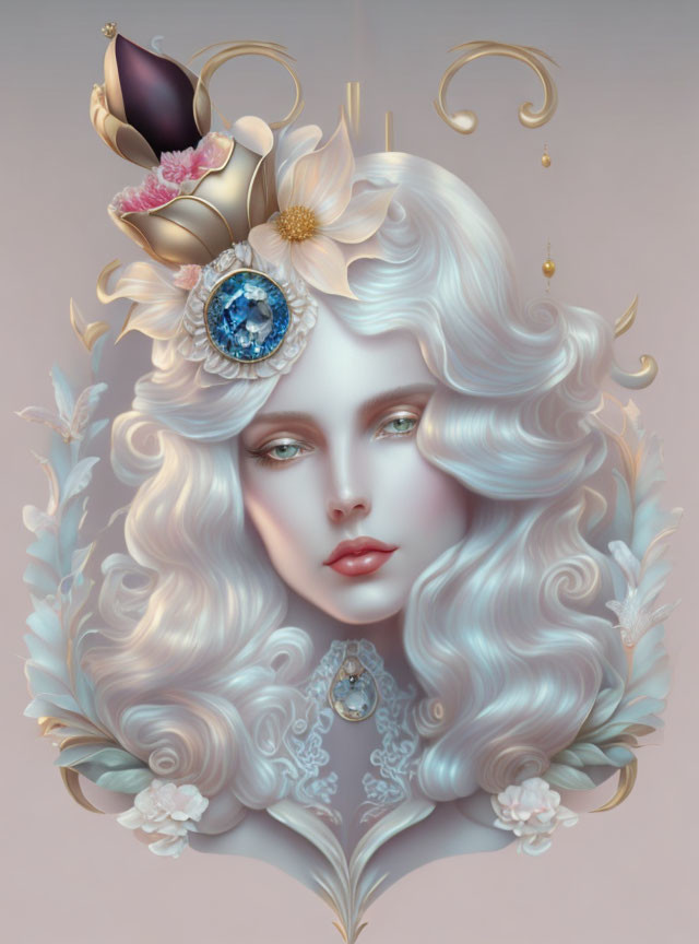 Female Figure with White Hair, Gold & Blue Gemstone