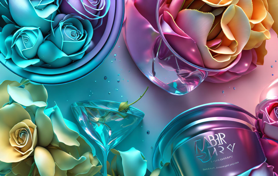 Vibrant blue and pink rose illustration with water droplets and luxurious product on whimsical backdrop