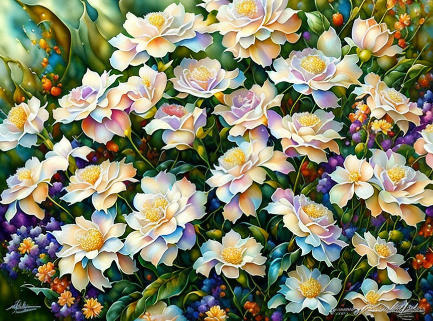 Colorful painting of blooming white flowers with golden centers in lush greenery