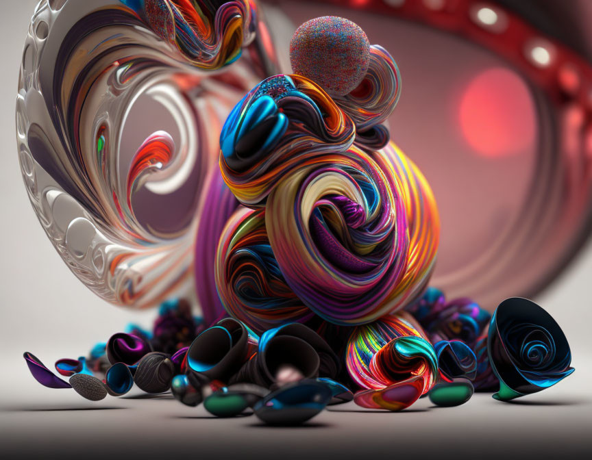 Vibrant Abstract Swirls and Shapes on Glossy Finish with Red Bokeh Lights