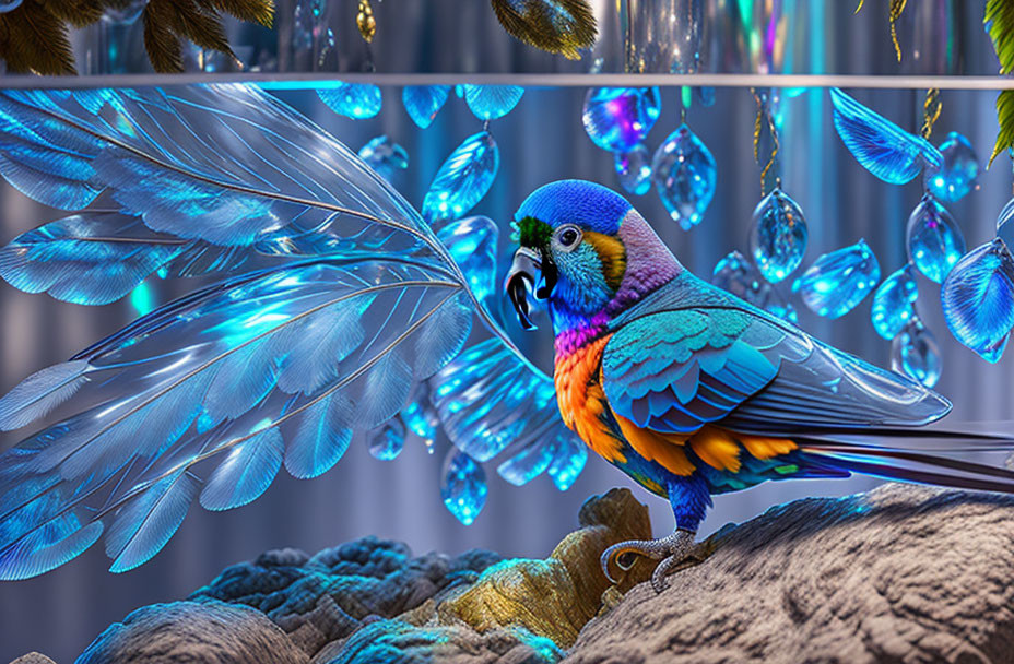 Colorful parrot with blue wings in crystal and leaf setting
