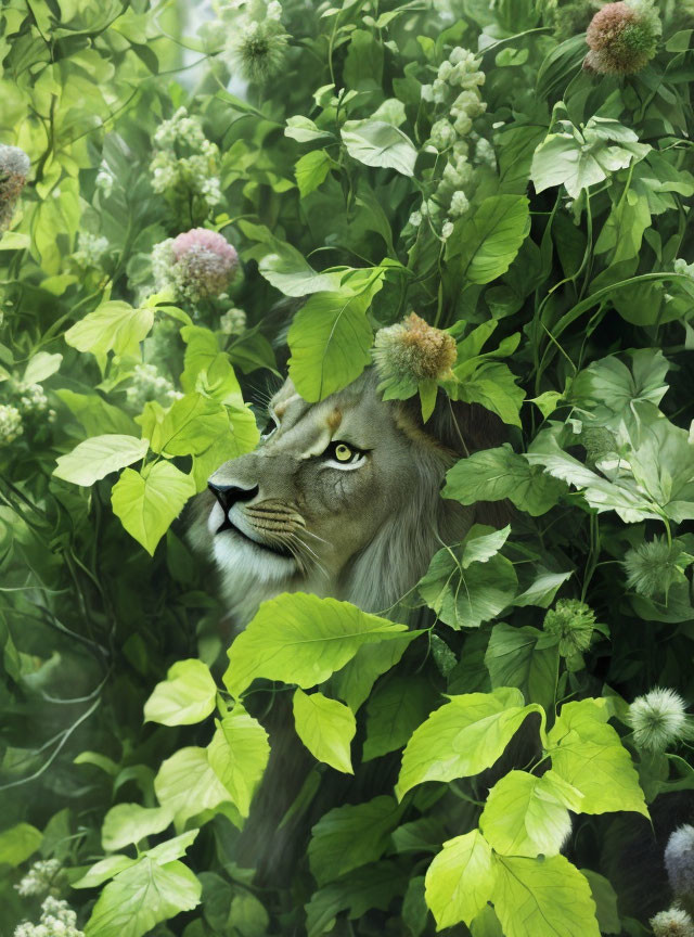 Camouflaged Lion Among Green Foliage and Flowers