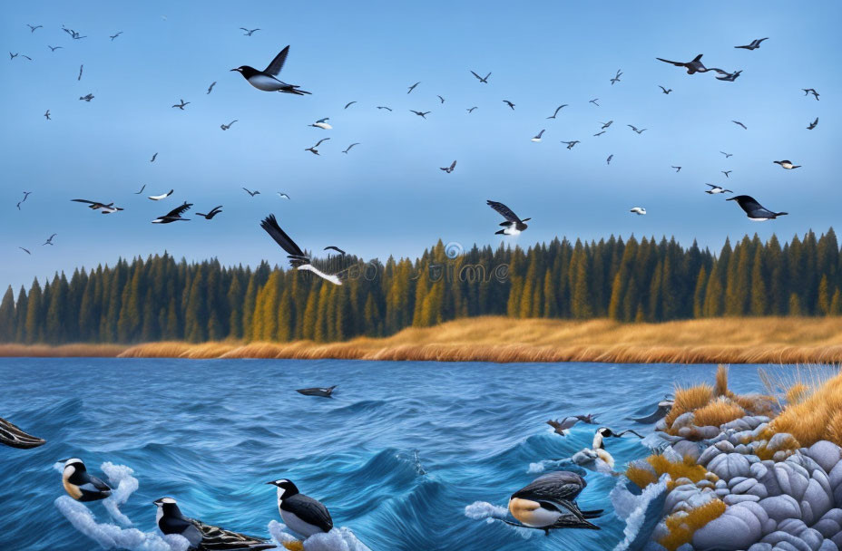 Tranquil birds flying over serene lake at dusk or dawn