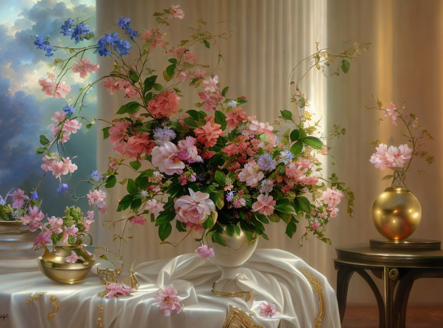 Colorful Pink and Blue Flower Bouquet in White Vase with Gold Teapot