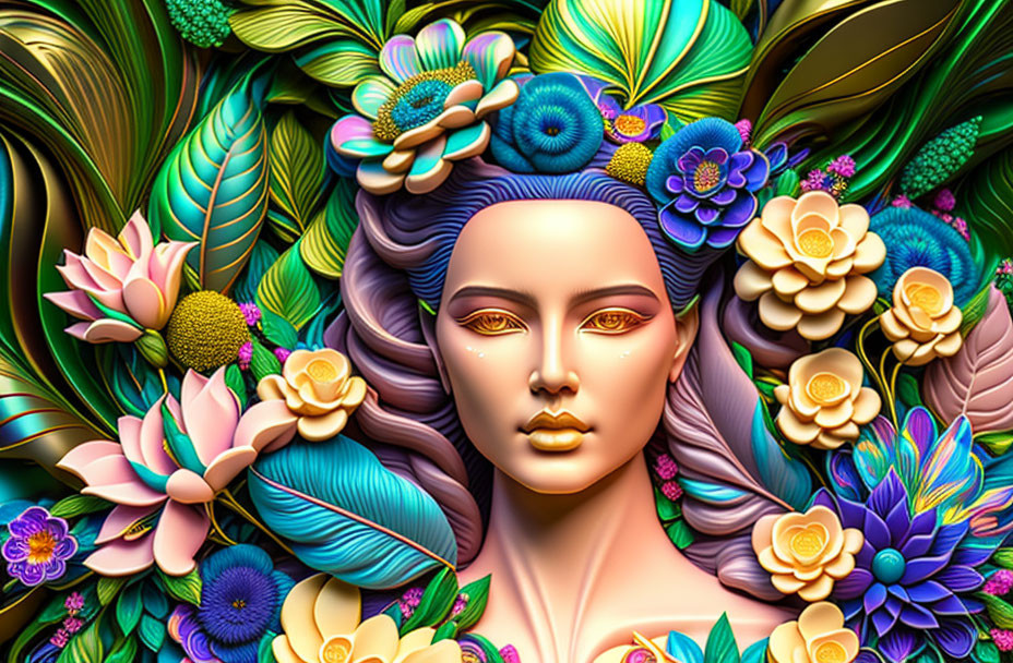 Vibrant digital artwork: Woman's face in floral pattern