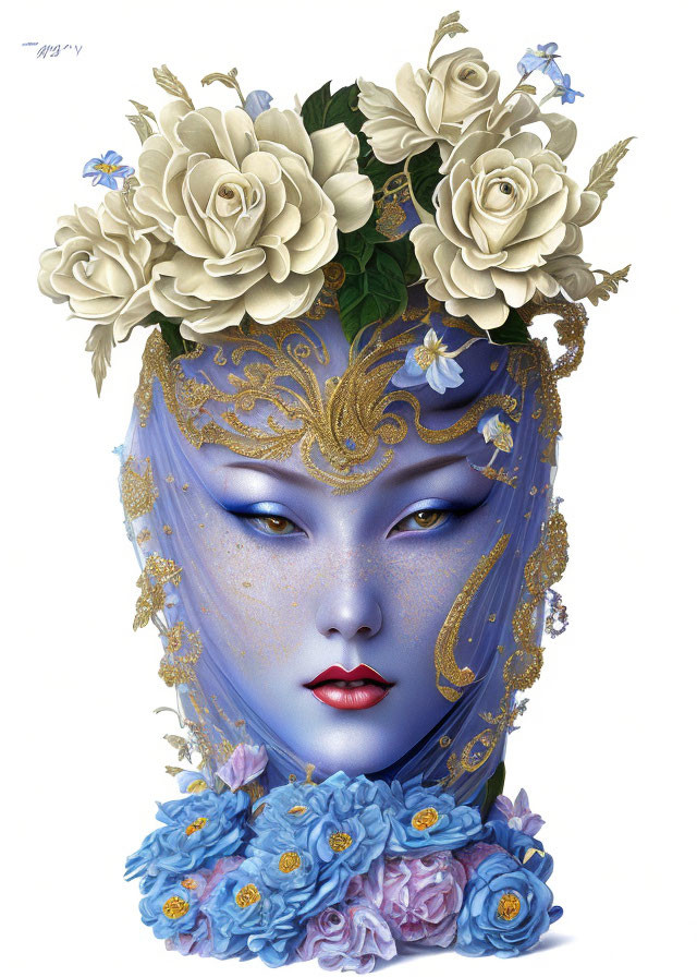 Illustrated woman with floral headpiece and masquerade mask, blue skin, gold details, red