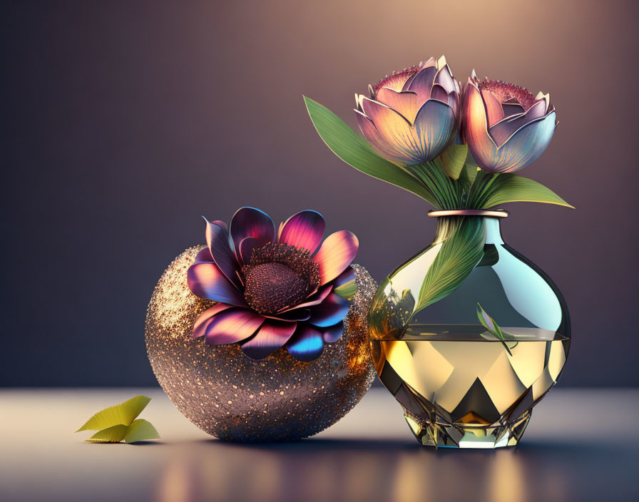 Shimmering spherical object and iridescent flowers in digital art