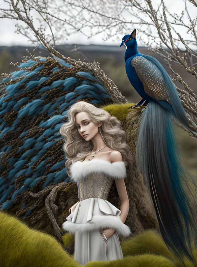 Digital artwork of woman with peacock features by blossoming tree