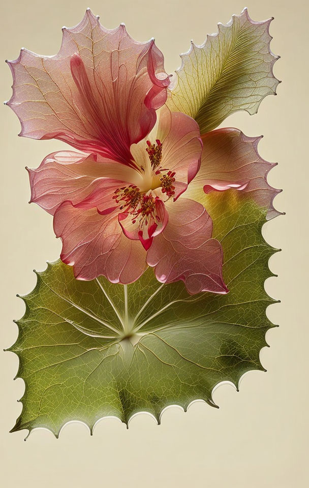 Colorful hibiscus flower and leaves digital art on cream background