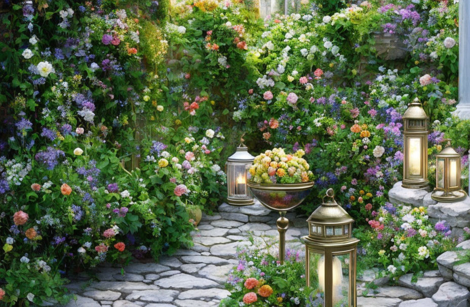 Lush Flower-Lined Garden Path with Golden Lanterns
