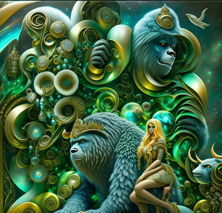 Surreal artwork: ornate gorilla king, blonde figure with crown, blue gorilla,