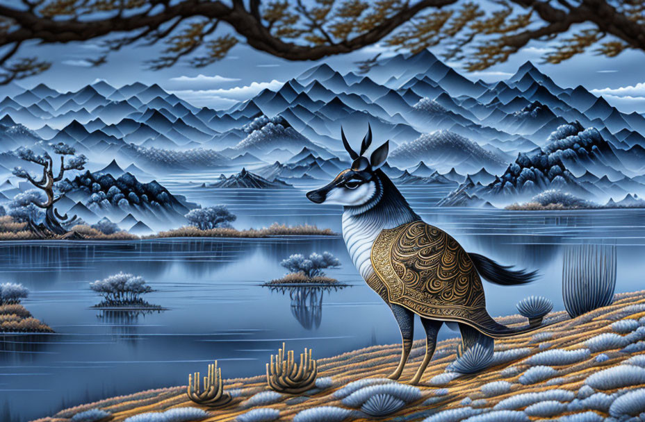 Ornate deer by serene lake in blue-toned landscape