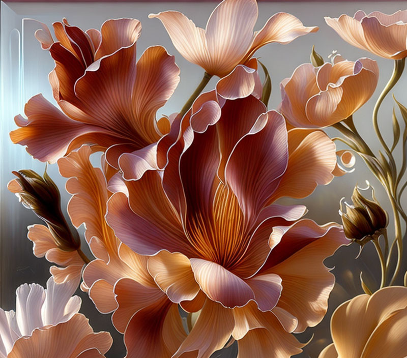 Hyper-realistic digital artwork: Blooming brown and beige flowers on soft, luminous backdrop