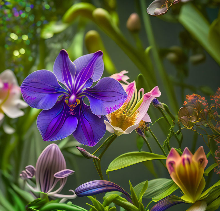 Exotic flowers digital art: vibrant purple bloom & lush green foliage