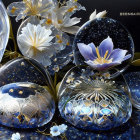 Glass spheres with white and purple flowers on dark background.
