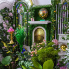 Moss-Covered Garden with Whimsical Doorway and Blooming Flowers