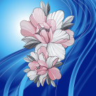 White Flowers with Golden Accents on Blue Wave Background