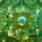 Colorful fractal art: Leaf-like patterns, spheres, green and blue hues, golden accents