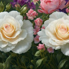 White and Pink Roses Among Purple and Pink Flowers on Green Background