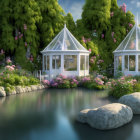 Surreal landscape featuring white chapels, green topiary, colorful flowers, reflective water,