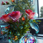 Colorful Flower Bouquet in Glass Vase with Bubbles and Water Droplets