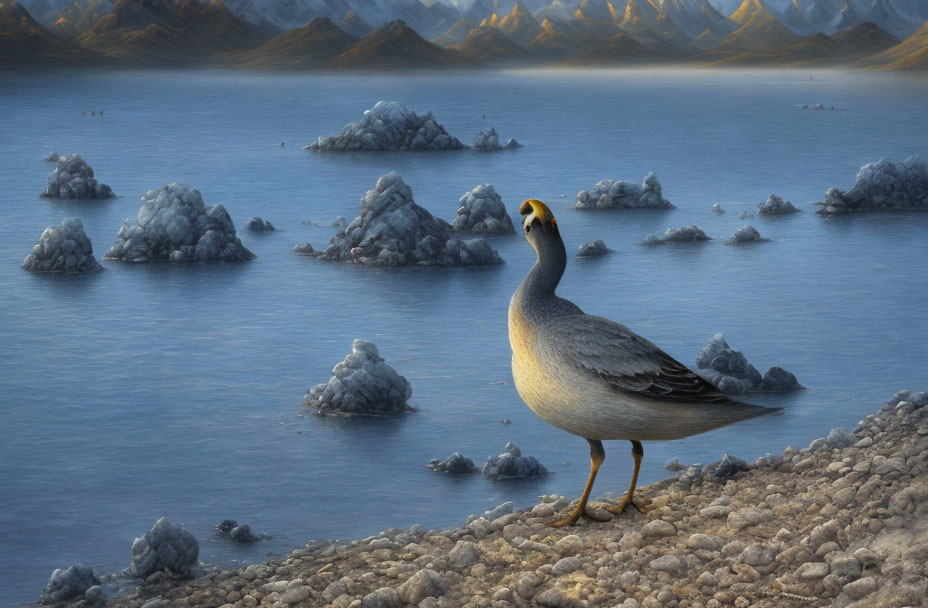 Bird on rocky shore by serene lake with islands and mountains under soft-lit sky