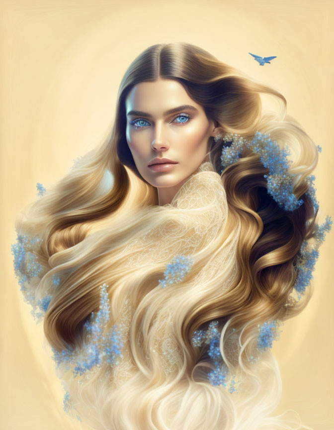 Digital painting: Woman with blonde hair, blue flowers, blue eyes, sleek look, yellow background,