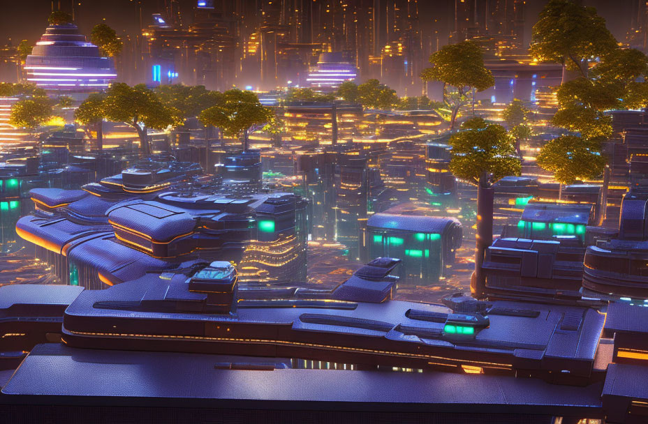 Futuristic cityscape at night with neon lights and advanced architecture