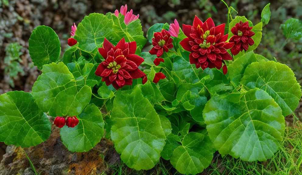 Vibrant Red Flowers with Yellow Centers and Green Leaves on Earth