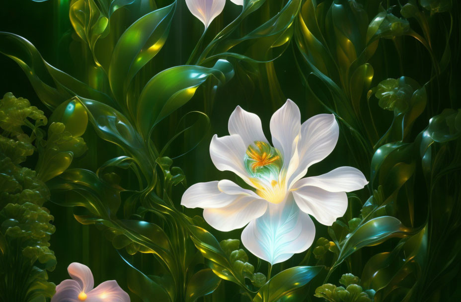 Luminescent white flower with glowing center in radiant green setting