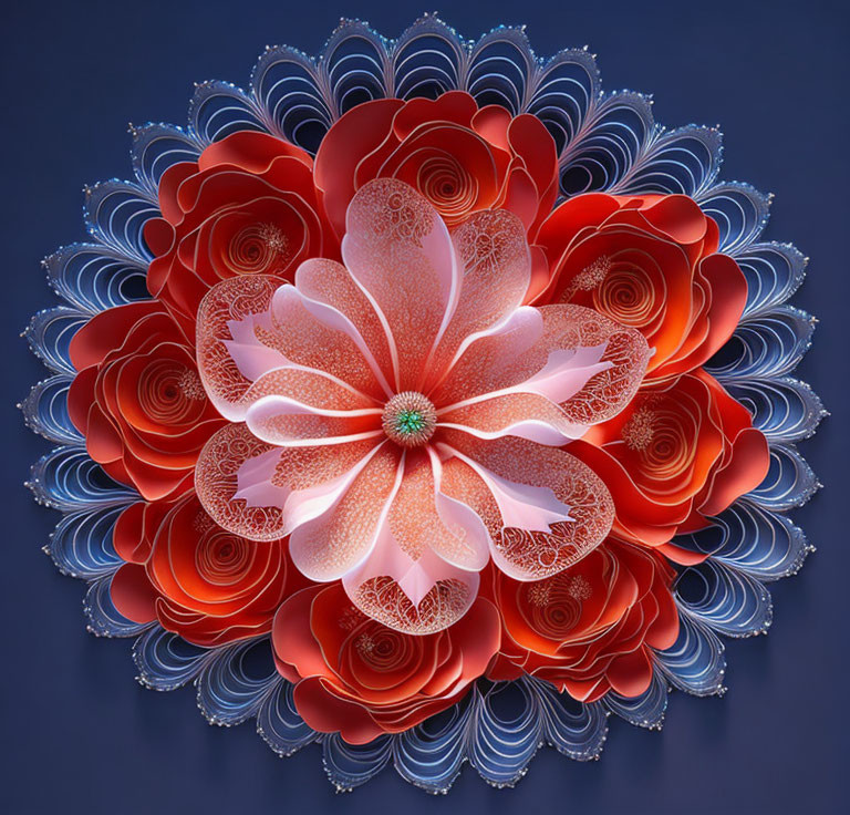 Detailed digital illustration of ornate red-pink flower with white patterns on blue background