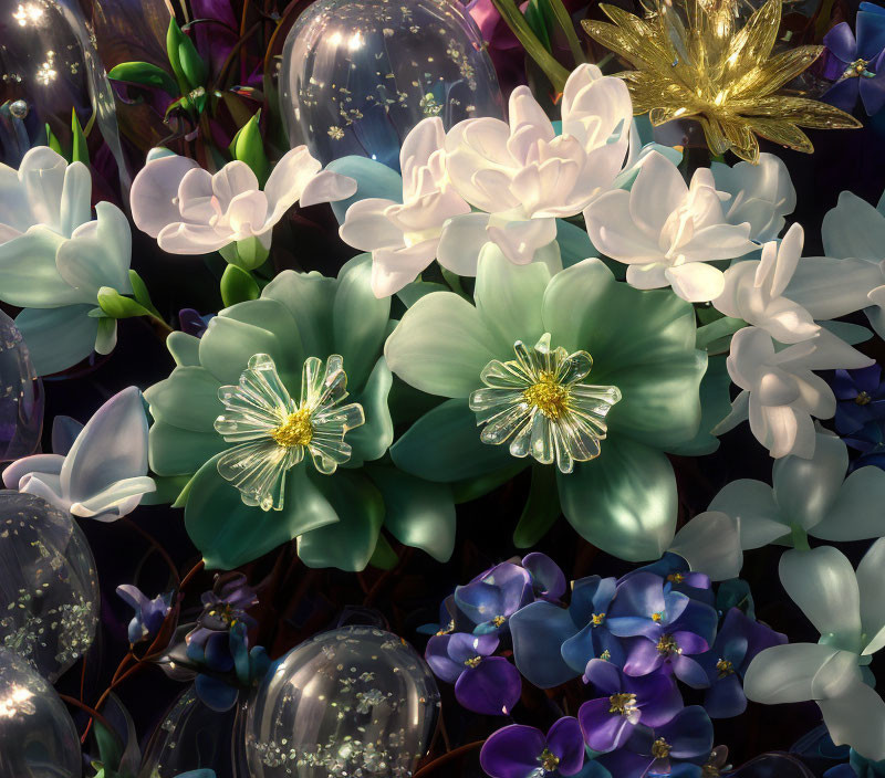 Colorful digital art: Vibrant floral arrangement with bubbles and golden star