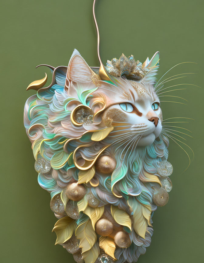 Whimsical cat with ornate fur in pastel hues on green background