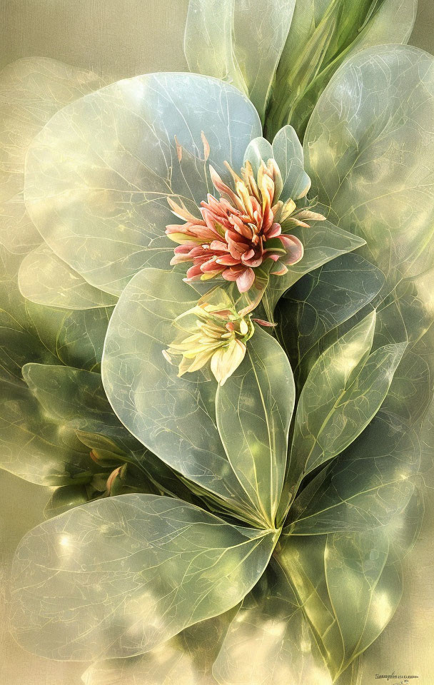Botanical Illustration: Soft Green Leaves, Pink Flower, Vintage Style