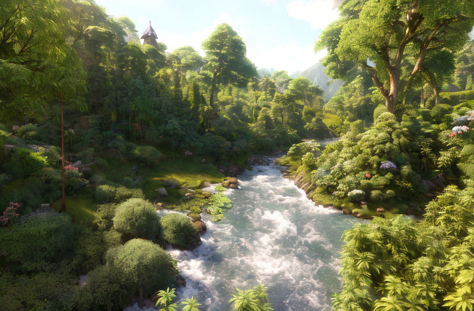 Serene forest scene with rushing river, sunlight, and distant castle