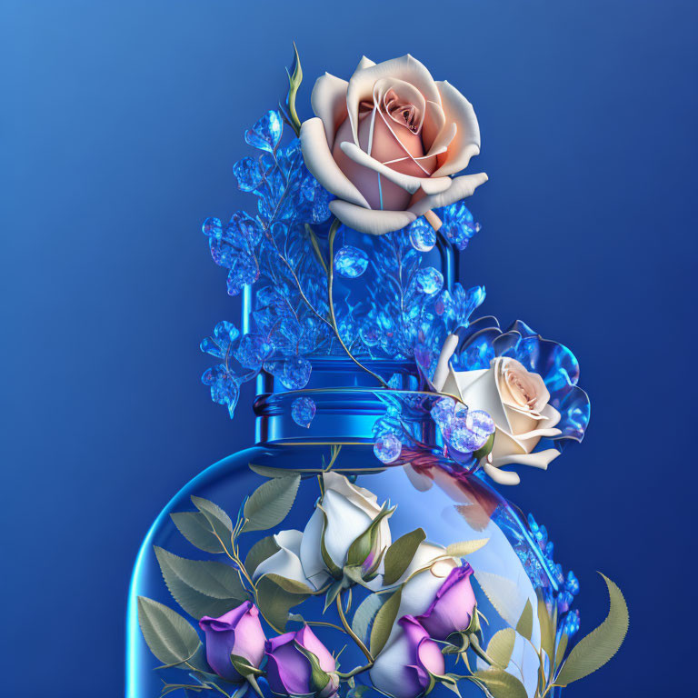 Blue glass bottle with colorful roses and crystal decorations on blue background