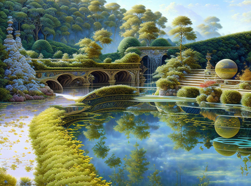 Tranquil fantasy landscape with gardens, stone bridge, and reflective water
