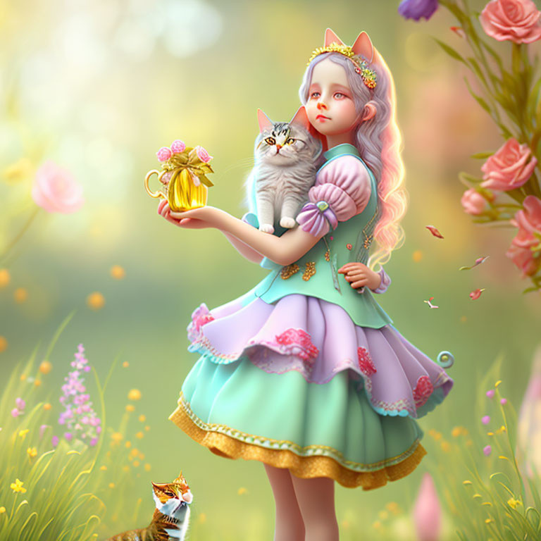 Whimsical illustration of girl with cat, lantern, flowers, and kitten