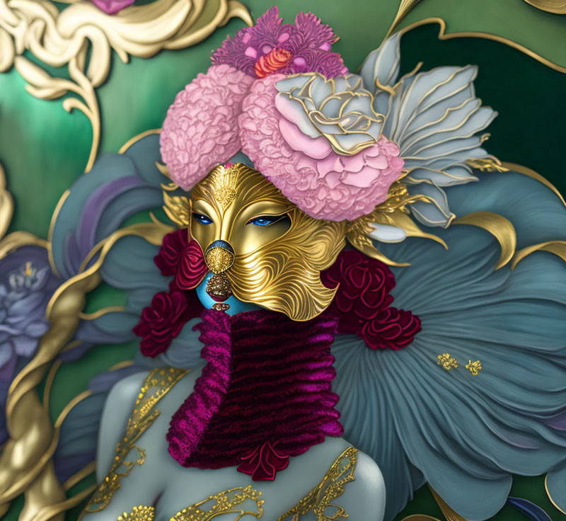 Vibrant digital artwork: person in golden mask with pink flowers on green background