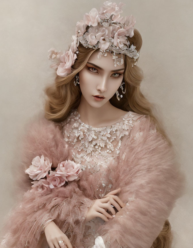 Portrait of Woman in Floral Headpiece & Feathery Pink Dress