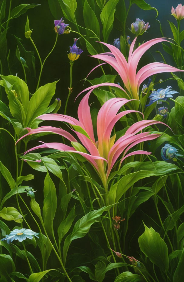 Vibrant Pink Flowers Surrounded by Green Foliage on Dark Background