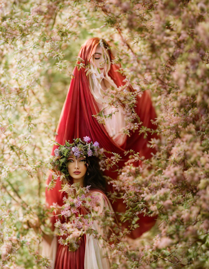 Two people in red dresses among blooming branches.
