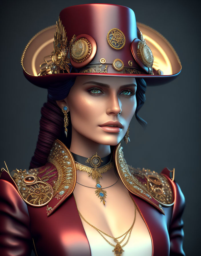 Digital artwork featuring woman in military-inspired outfit with green eyes