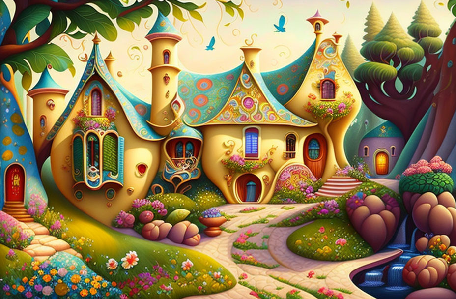 Whimsical fairytale village illustration with ornate houses and lush trees