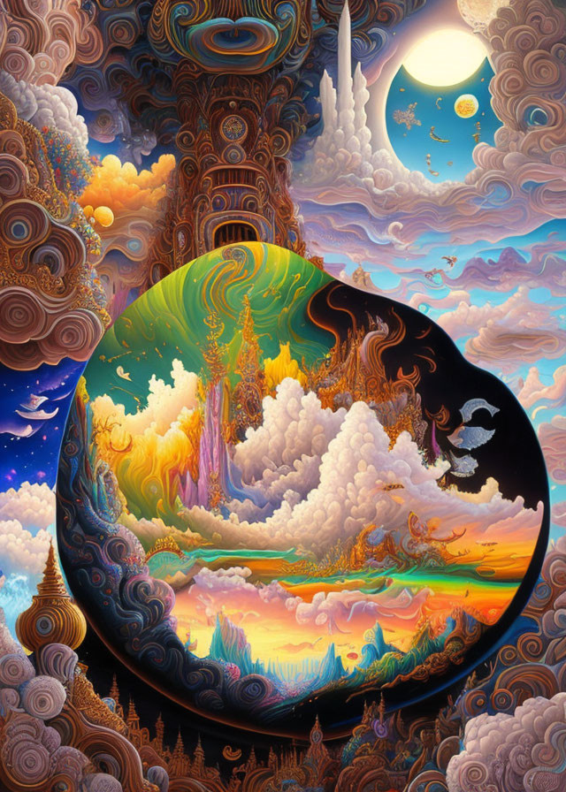 Surreal landscape with fiery circle, celestial bodies, and intricate structures